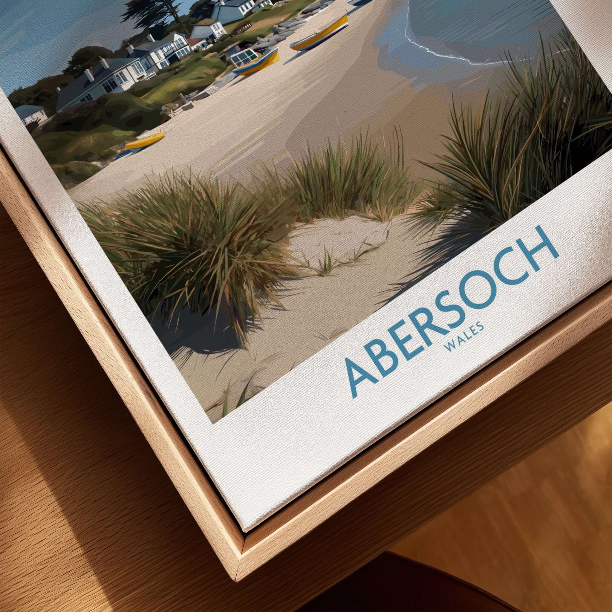 Abersoch Wales Sand Dunes Beach Art Print | Sailboats Coastal Wall Decor with sandy beach and grassy dunes.