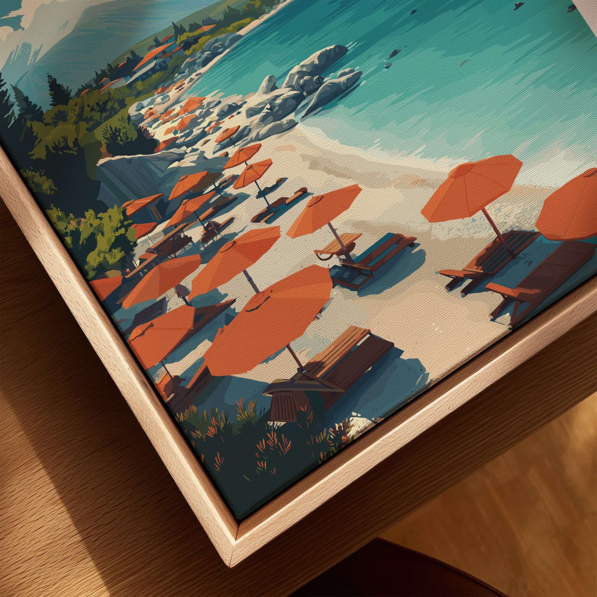 Albania Canvas Print | Balkan Travel Wall Decor showcasing vibrant beach scene with red umbrellas on sandy shores.