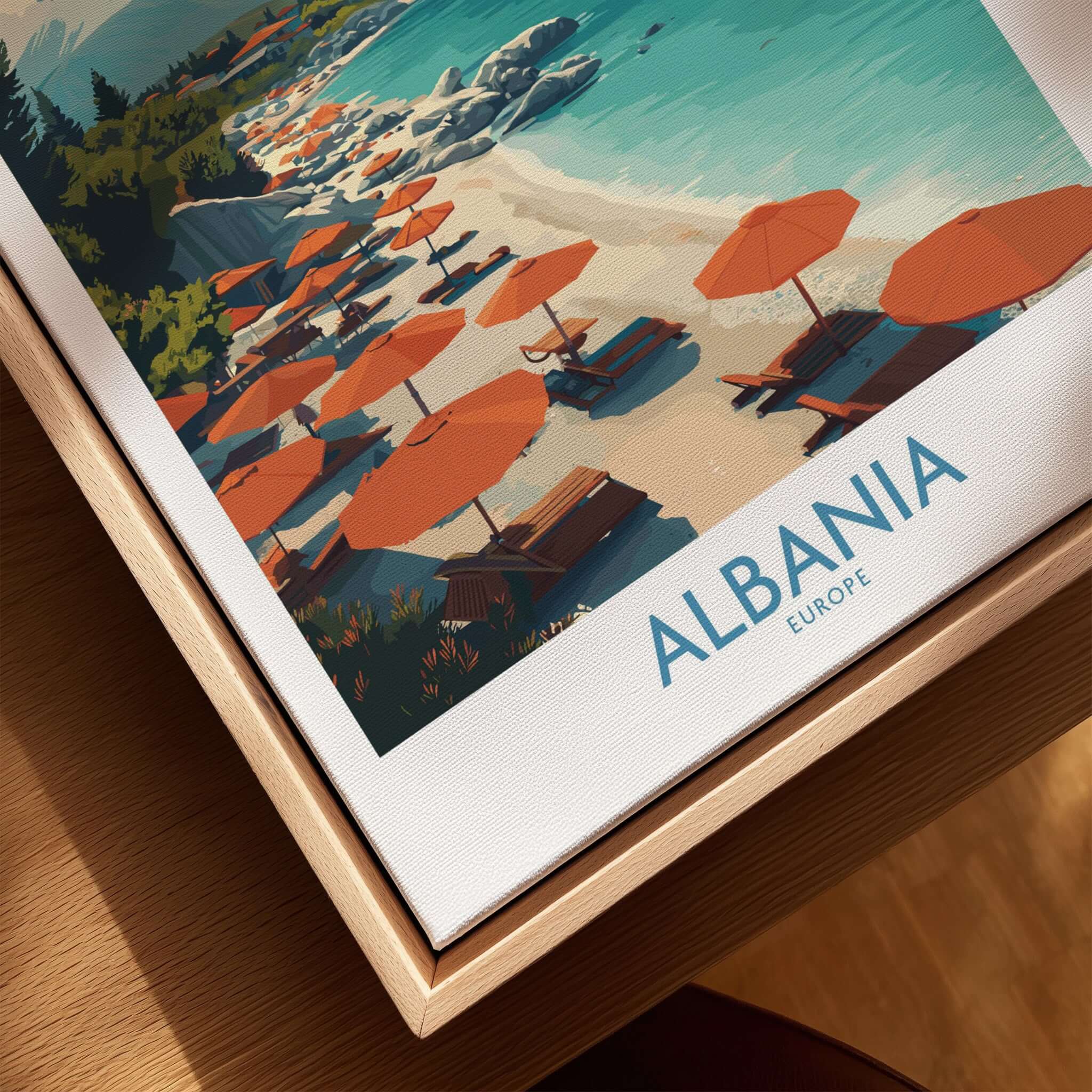 Albania Art Print | Beach Poster featuring vibrant beach umbrellas and serene coastline in Albania.