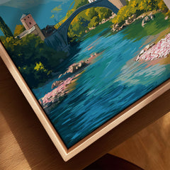 Albania Canvas Print | European Travel Wall Decor featuring a picturesque river landscape and bridge.