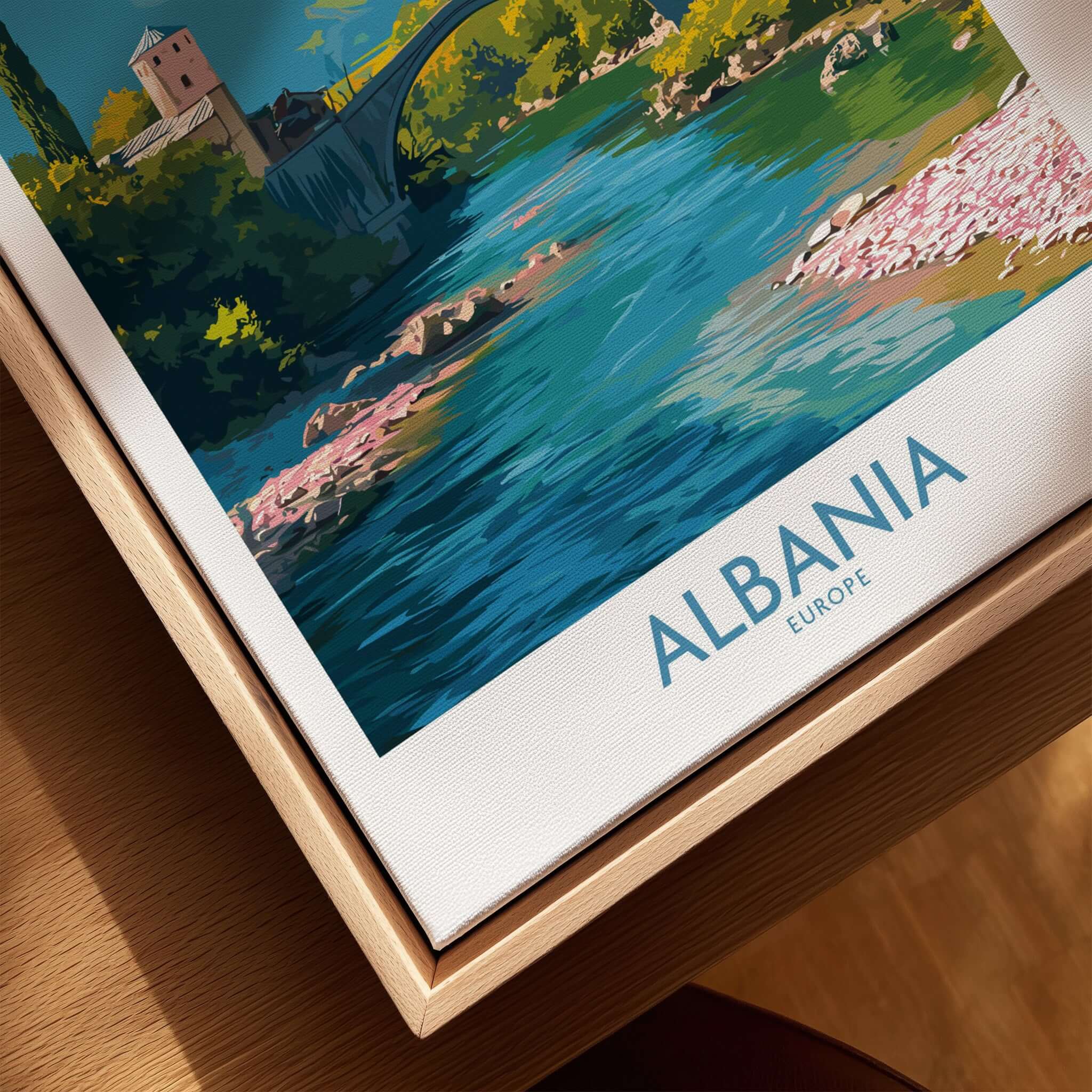 Albania Historic Stone Bridge Art Print | Mountain River Landscape Poster featuring a vibrant river scene.