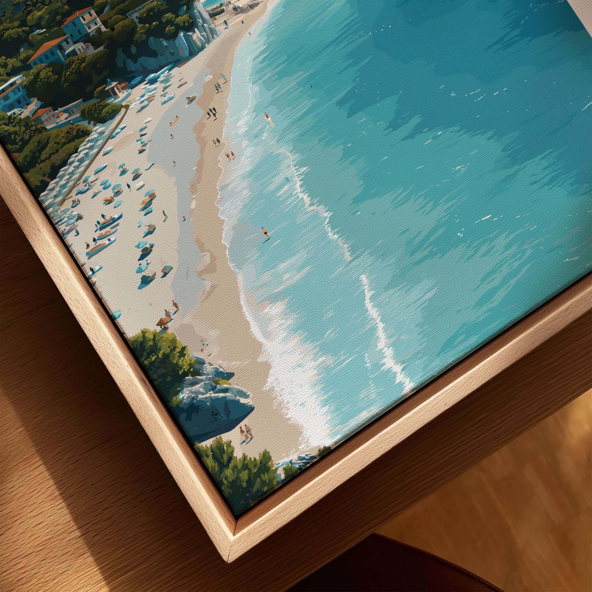 Albania Canvas Print | Balkan Travel Poster showcasing a stunning beach scene with turquoise waters and golden sands.