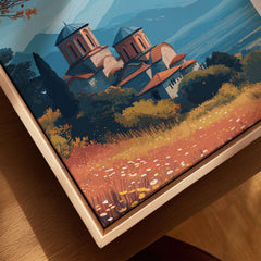 Albania Canvas Print | Framed and Unframed Travel Wall Decor showcasing a monastery against a vibrant landscape.