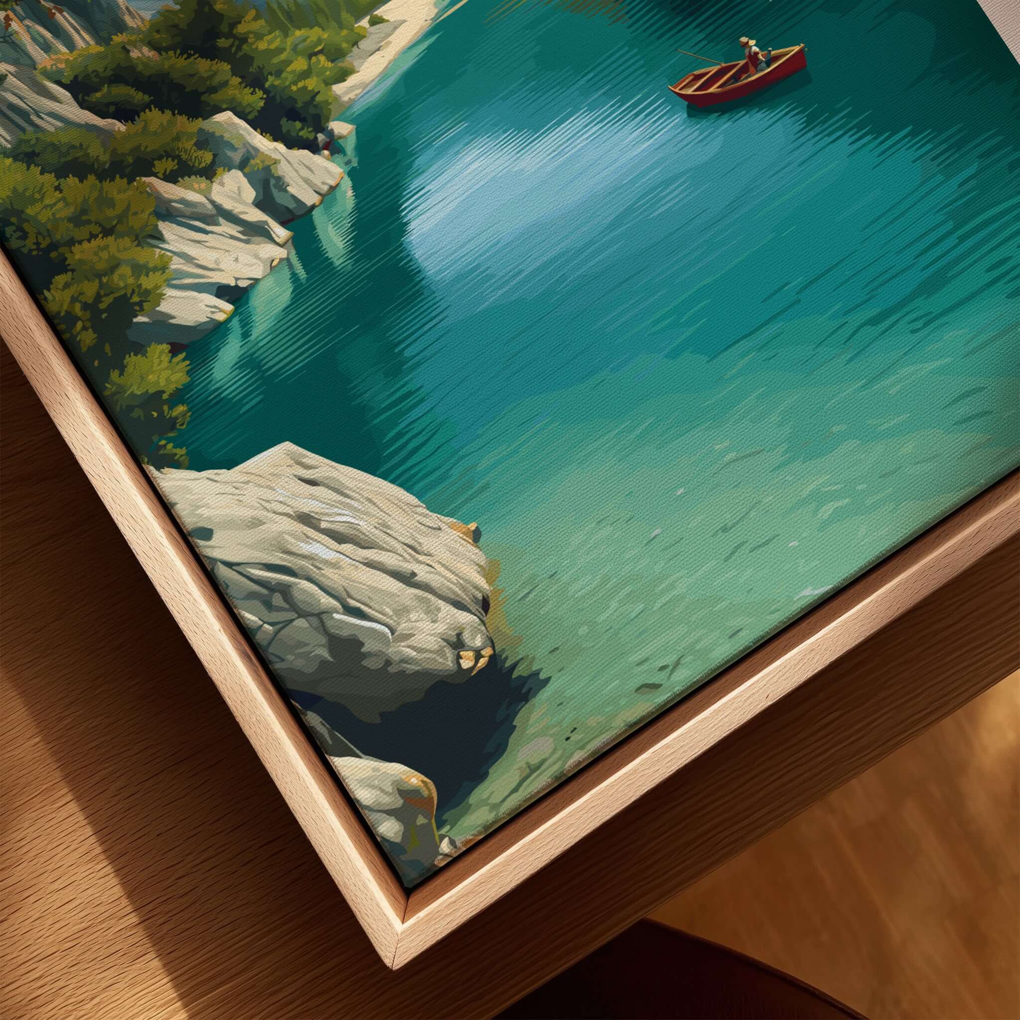 Albania Canvas Art Print featuring serene turquoise waters and a boat amidst natural beauty.