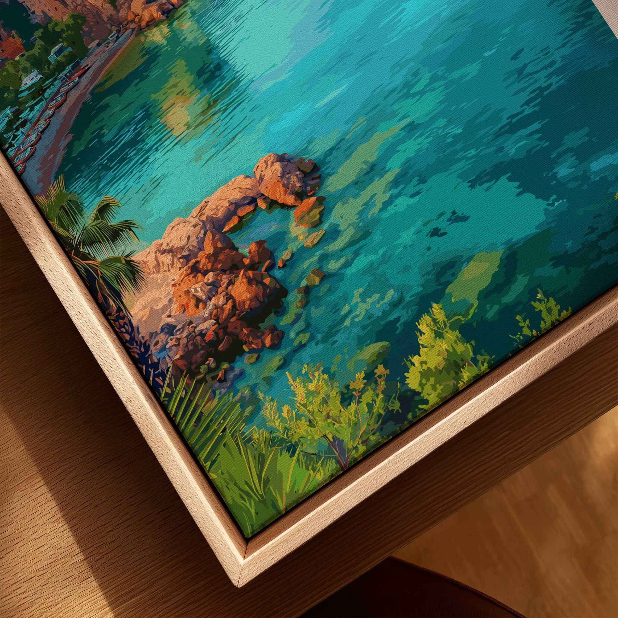 Antalya Marina and Red Tower Canvas Print | Turkish Coastal Wall Decor overlooking vibrant turquoise waters and rocky shore.