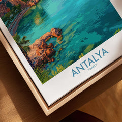 Antalya Turkey Old Harbor Art Print | Mediterranean Bay Travel Poster showcasing vibrant blue waters and rocky coasts.