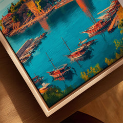 Antalya Canvas Print | Turkish Beach Wall Art featuring tranquil boats in turquoise waters, evoking Mediterranean vibes.