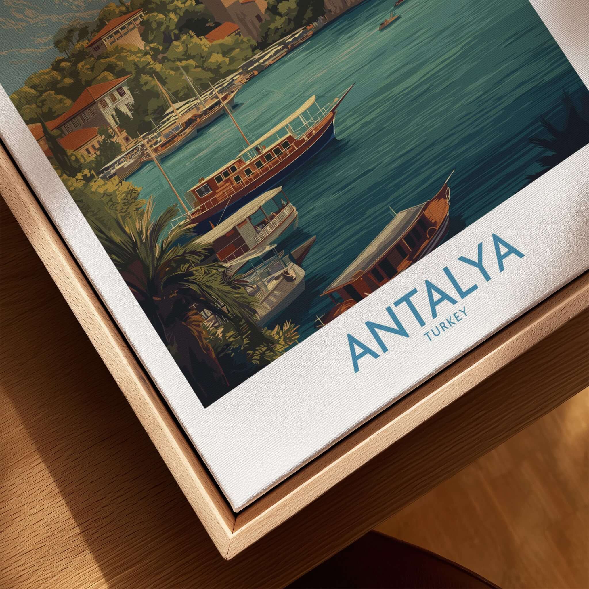 Antalya Turkey Harbour Cliff Art Print | Taurus Mountains View Poster showcasing the beautiful turquoise waters and boats.