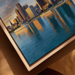 Detroit Riverfront Sunset View Print | Modern US City Wall Decor on a wooden frame with a vibrant city skyline reflection.
