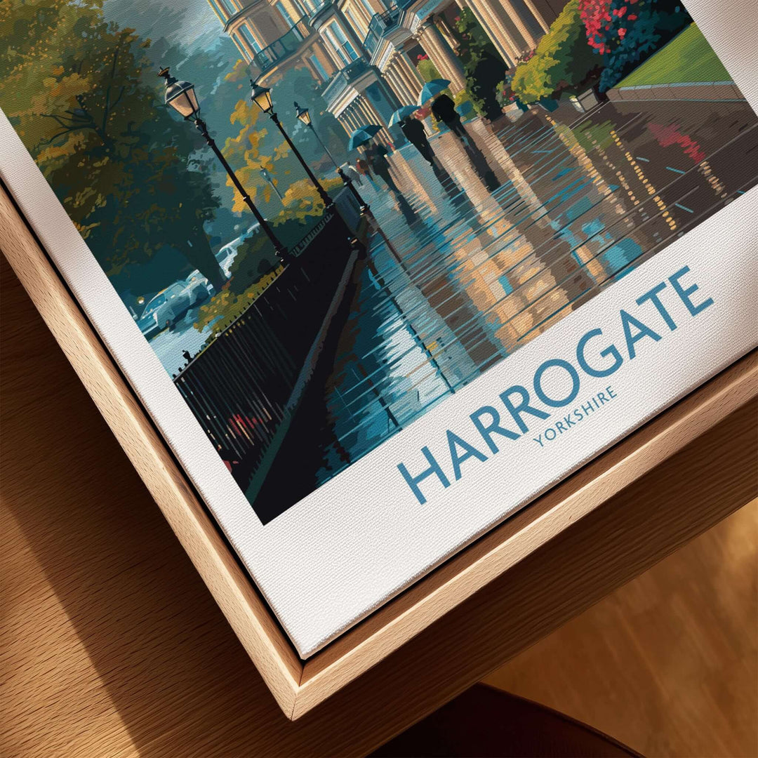 Harrogate Yorkshire Victorian Terrace Art Print | Rainy Street Poster featuring a rainy street scene with Victorian architecture.