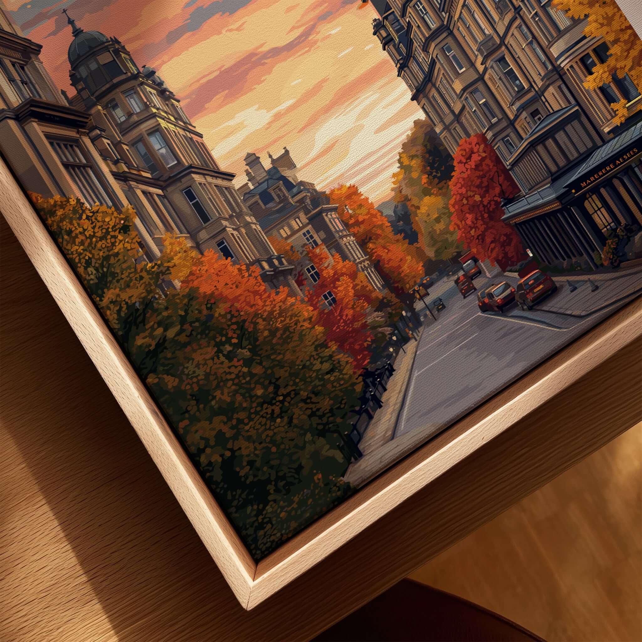 Harrogate Print | English Travel Wall Decor depicting a picturesque autumn street scene in Harrogate.