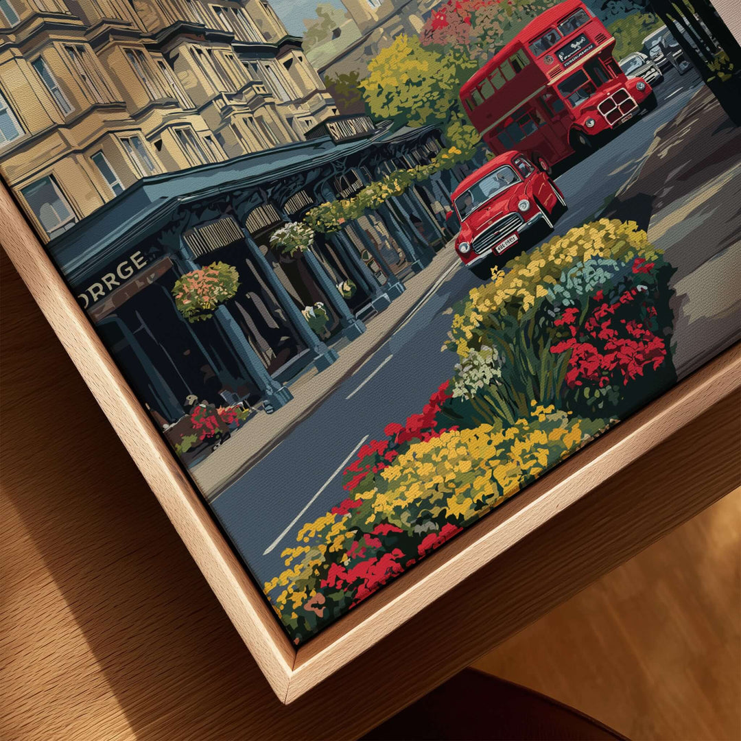 Harrogate Print | English City Wall Decor featuring iconic streets and vibrant flowers in an English urban setting.
