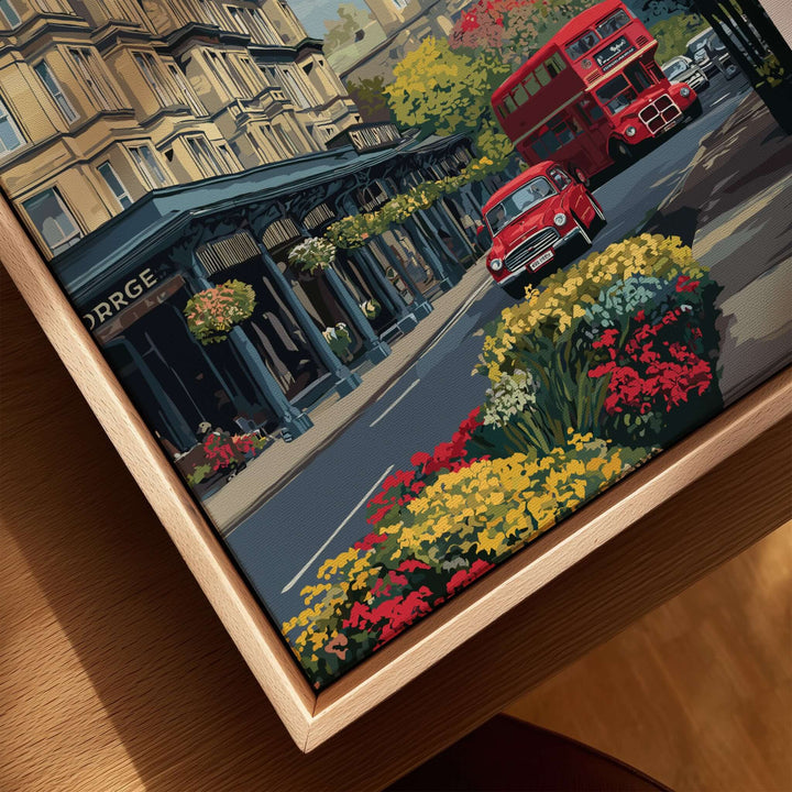 Harrogate Print | English City Wall Decor featuring iconic streets and vibrant flowers in an English urban setting.