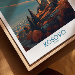 Kosovo Monastery and Mountains Art Print | Autumn Balkan Landscape Poster displayed in a wooden frame on a table.