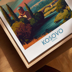 Kosovo Art Print | Snowy Mountain Balkan Poster showcasing vibrant Kosovo landscape with river and trees.