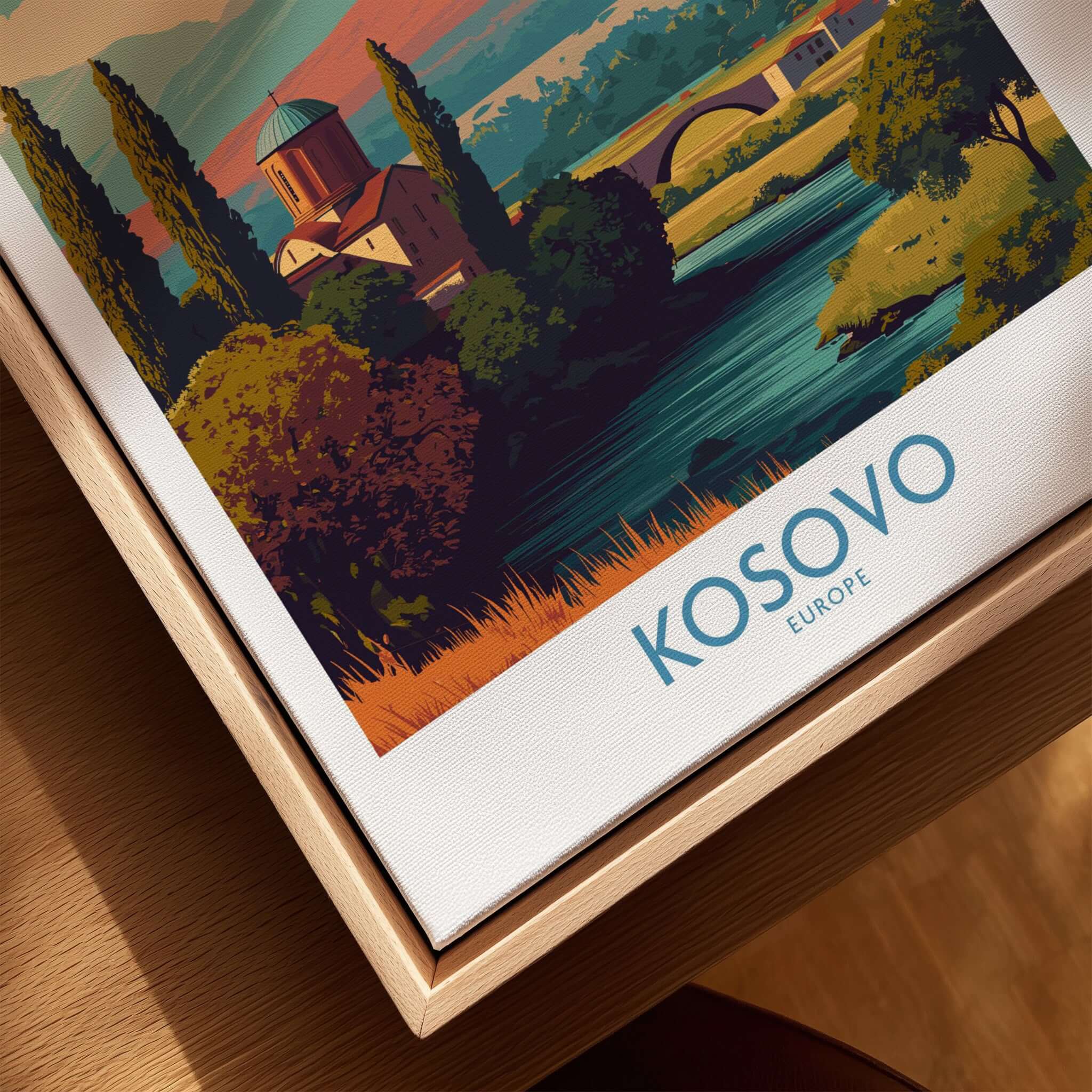 Kosovo Art Print | Snowy Mountain Balkan Poster showcasing vibrant Kosovo landscape with river and trees.