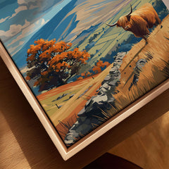 Peak District Mam Tor View Canvas Print | Autumn Landscape Wall Decor with Highland cow and autumn foliage.