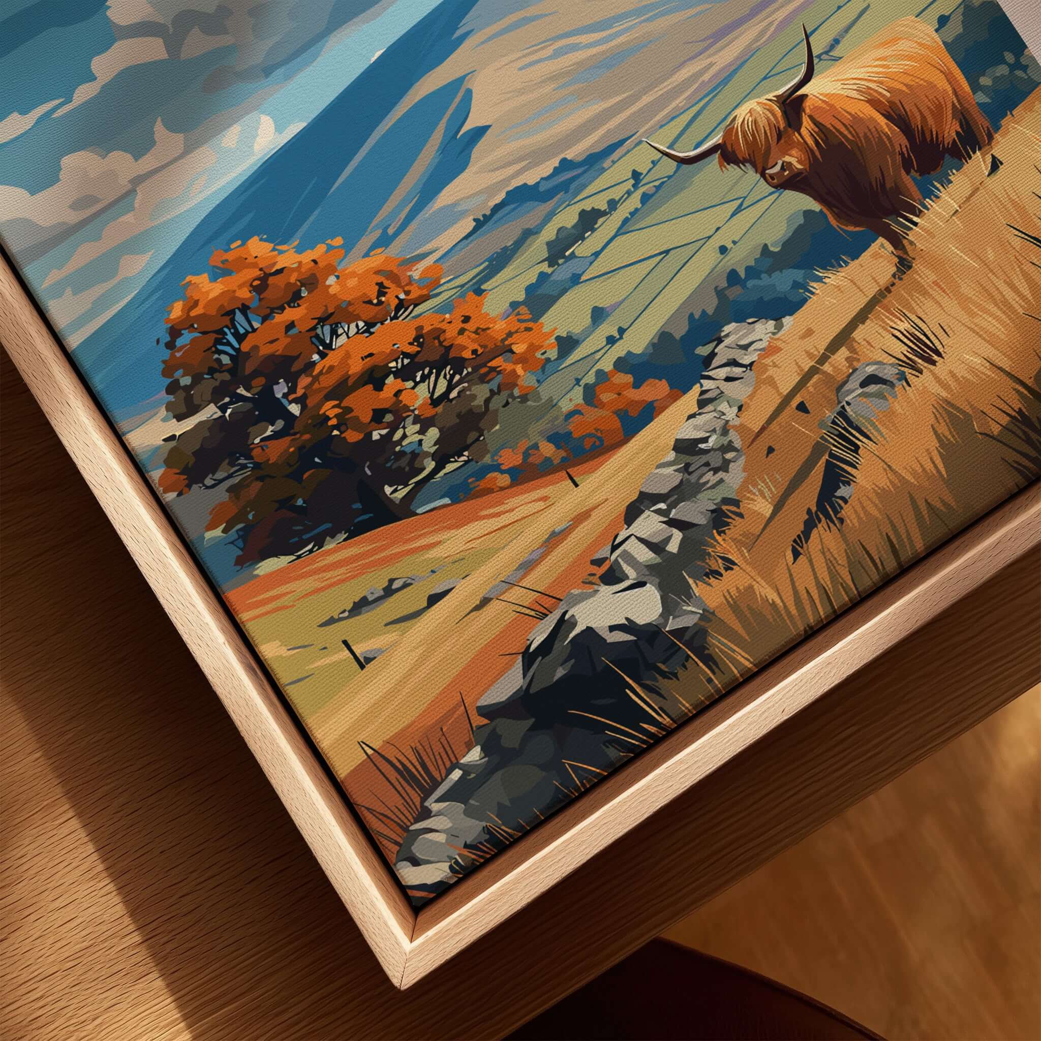 Peak District Mam Tor View Canvas Print | Autumn Landscape Wall Decor with Highland cow and autumn foliage.