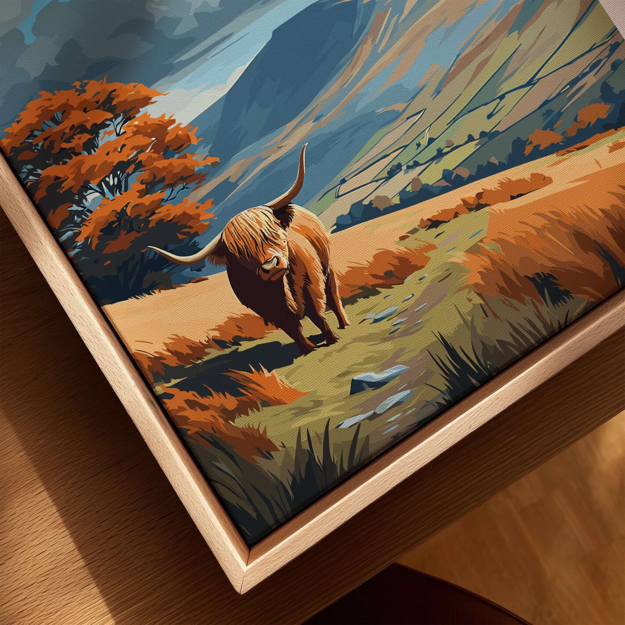 Peak District Scenic View Canvas Print | Derbyshire Home Wall Art featuring a Highland cow in vibrant autumn scenery.