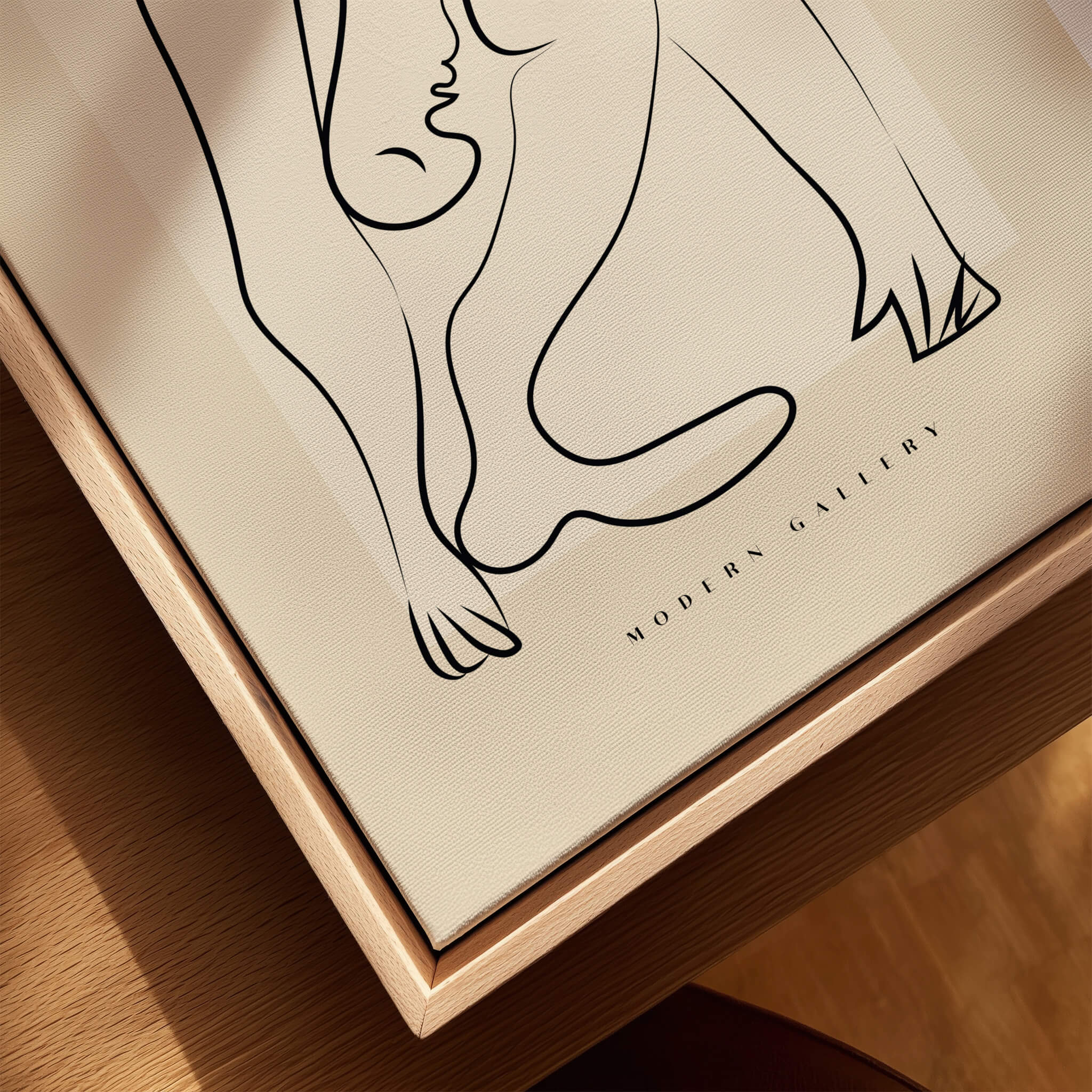 Picasso Contorted Figure Abstract Pose Line Art Modern Gallery Poster Wall Art displayed in a wooden frame on a table.