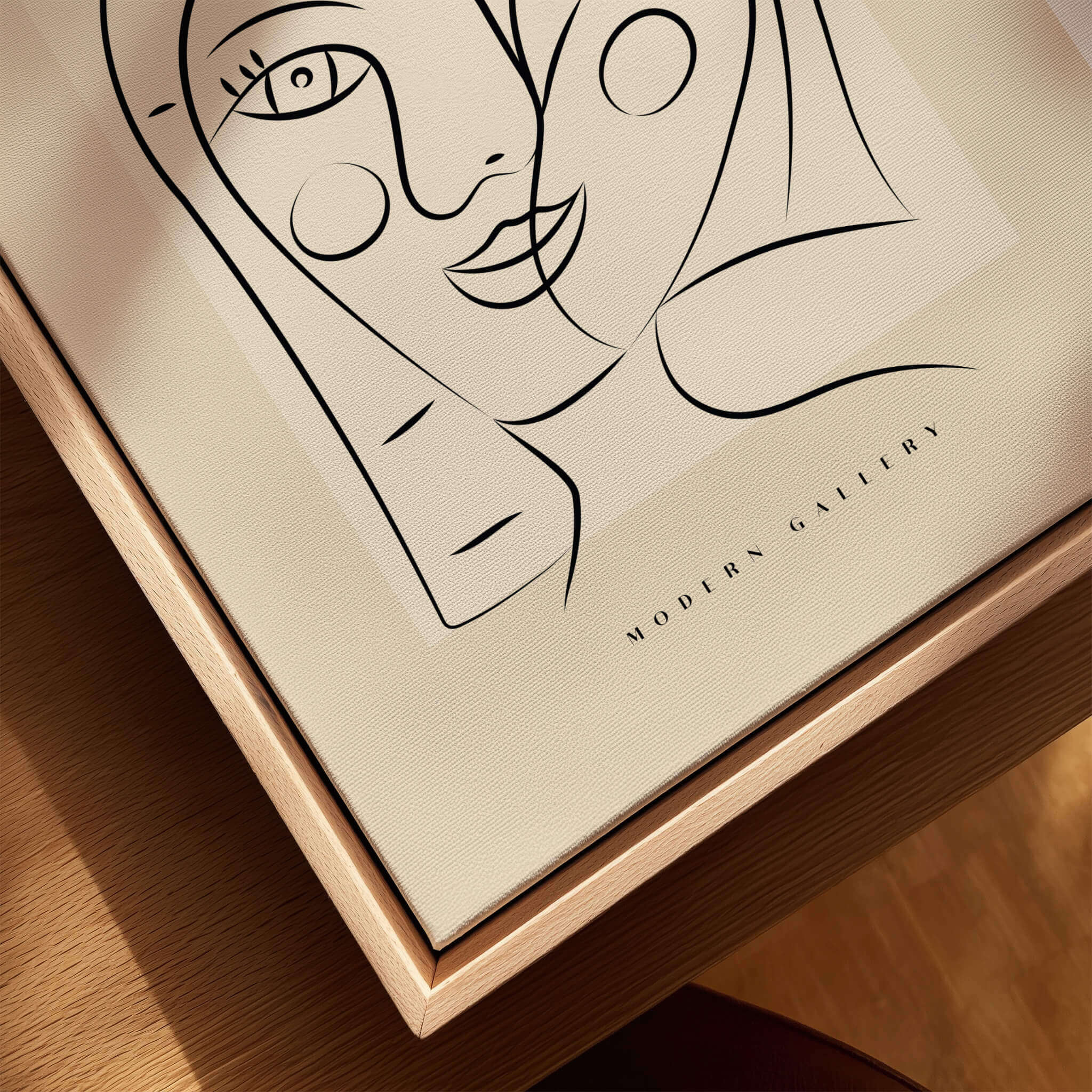 Picasso Smiling Double Face Abstract Portrait Line Art Modern Gallery Poster Print on a wooden surface.
