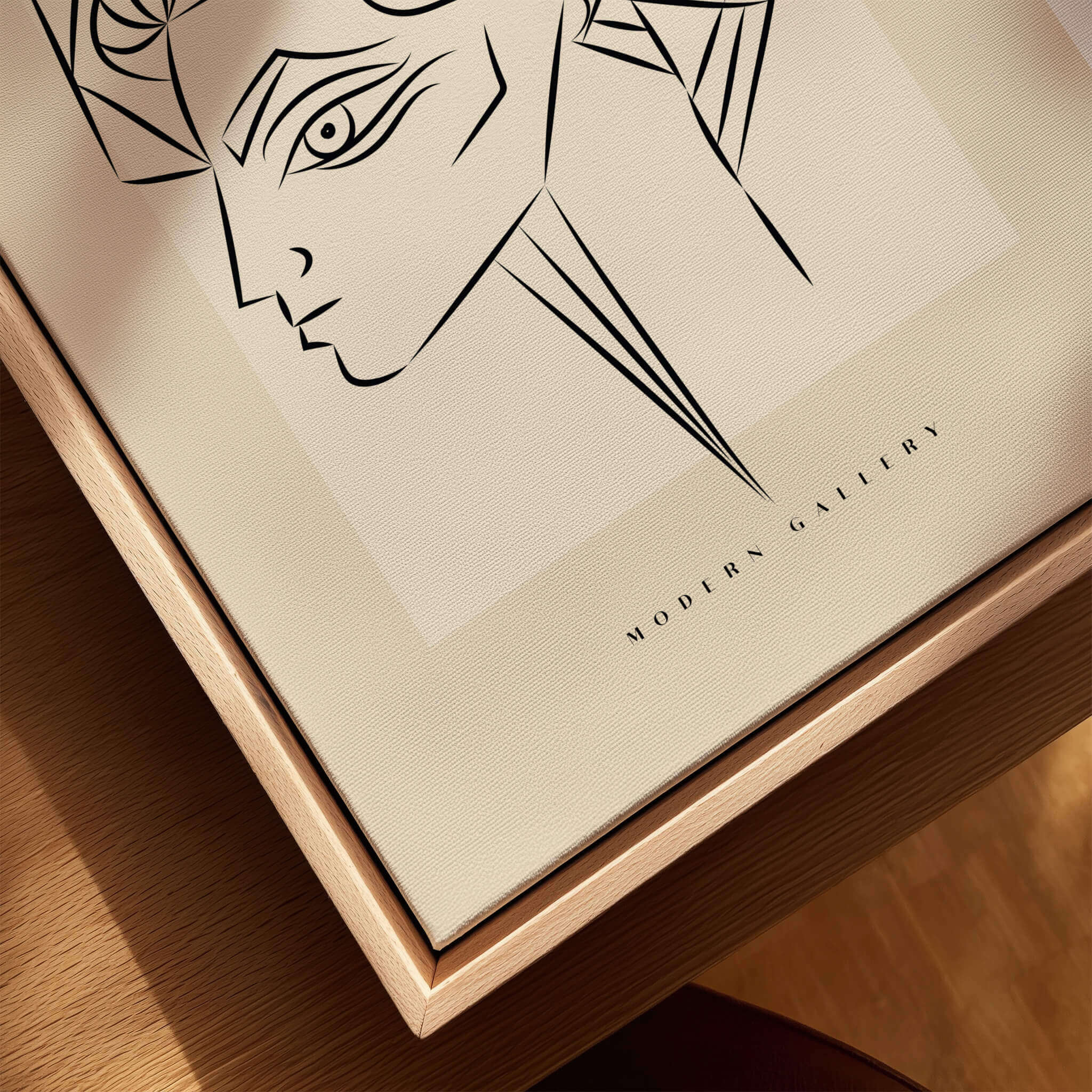 Picasso Geometric Profile Head Line Art Angular Abstract Poster Modern Gallery Print displayed on a wooden surface.