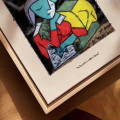 Picasso Reading Couple Abstract Figures Art Print Cubist Poster Artwork Collection displayed on wooden frame.