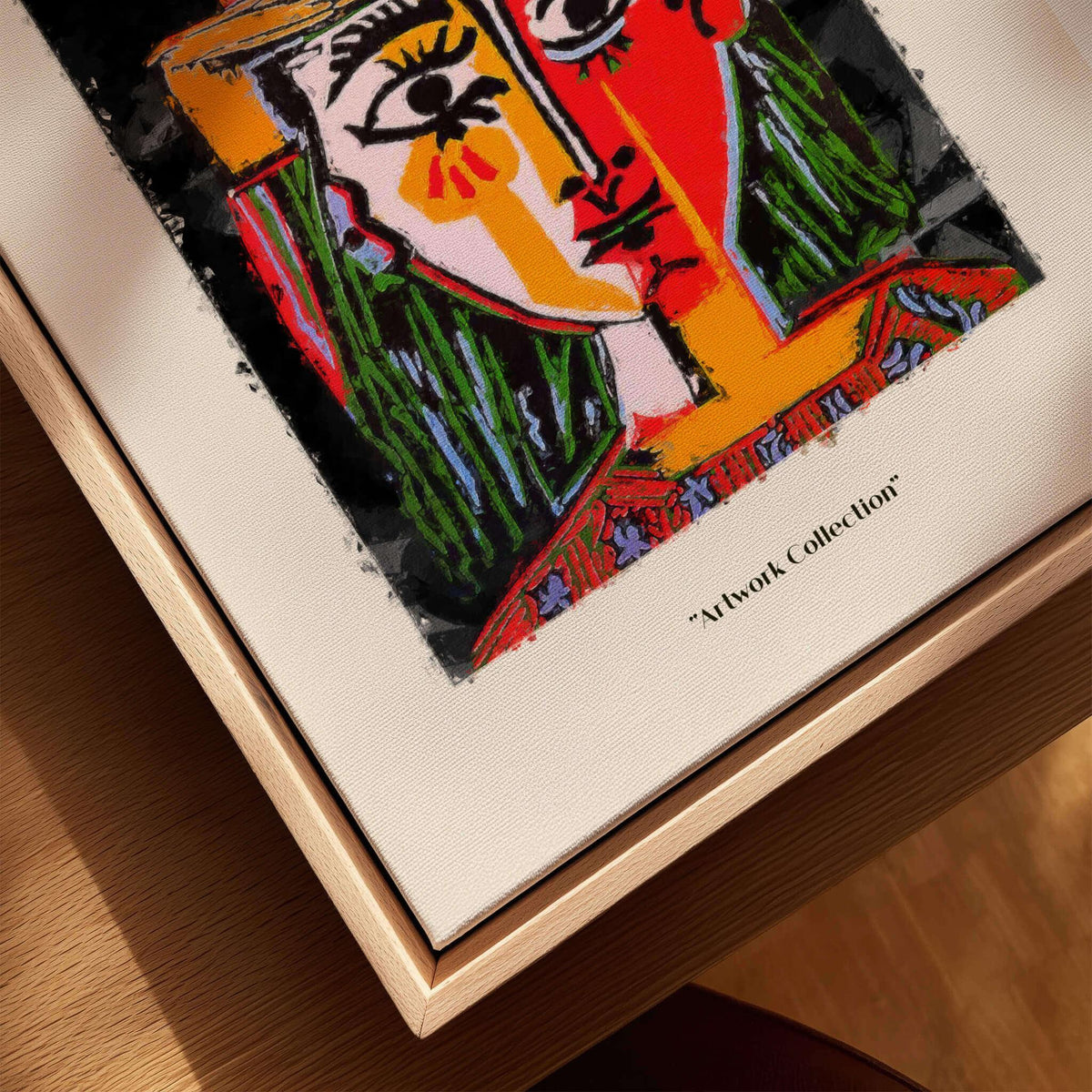 Picasso Woman in Hat Red Yellow Face Portrait Poster Colorful Abstract Artwork Print displayed in a modern frame.