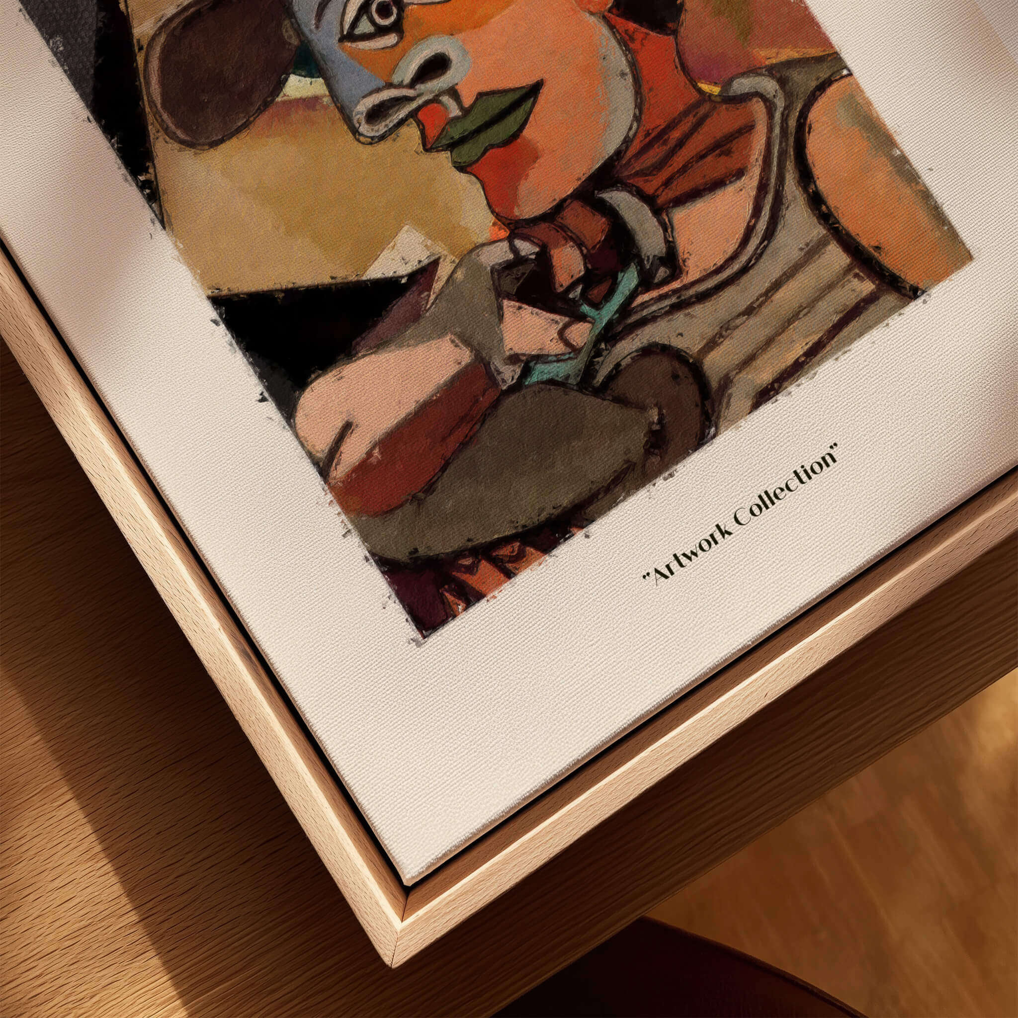 Picasso Man Straw Hat Abstract Portrait Art Print Cubist Poster Artwork Collection displayed on a wooden frame.