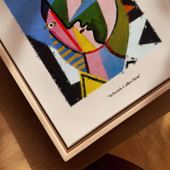 Picasso Geometric Face Abstract Art Print Colorful Cubist Portrait Poster Artwork Collection displayed in modern frame.