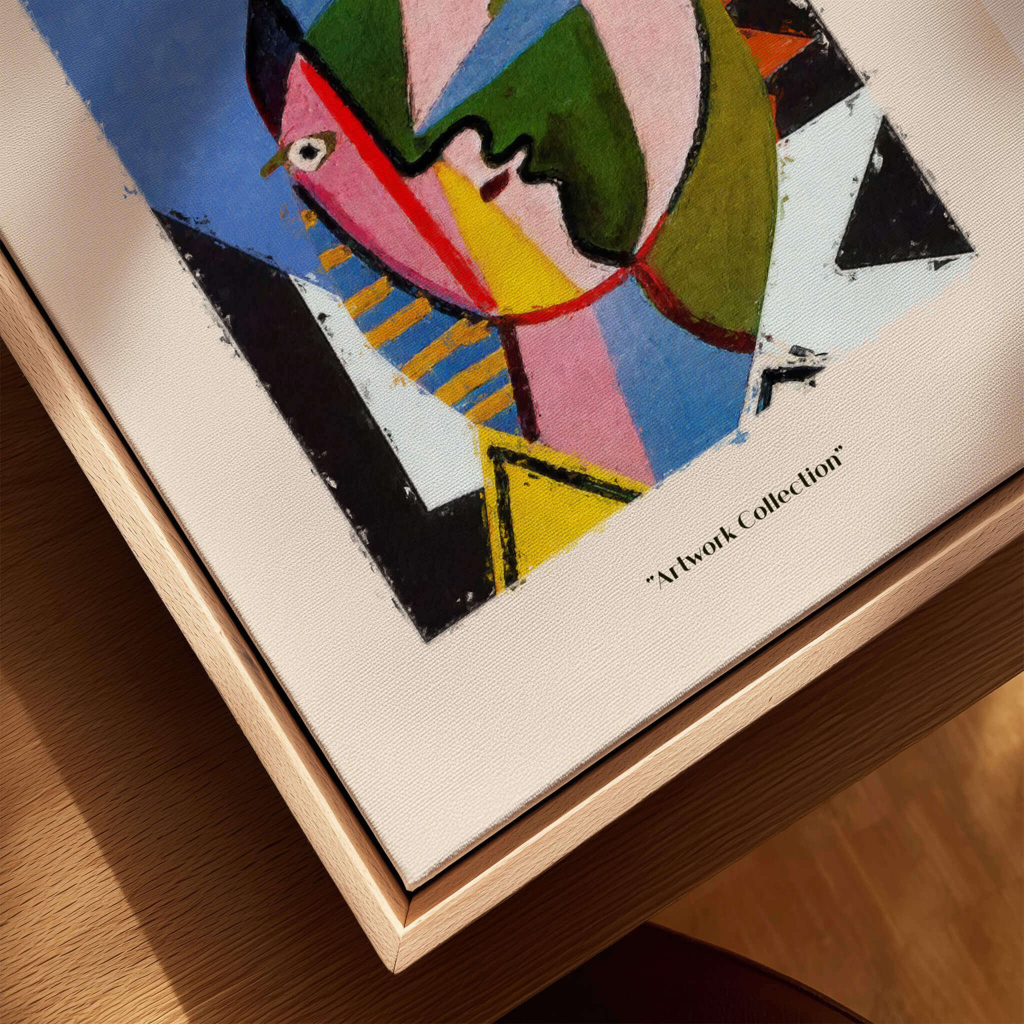 Picasso Geometric Face Abstract Art Print Colorful Cubist Portrait Poster Artwork Collection displayed in modern frame.