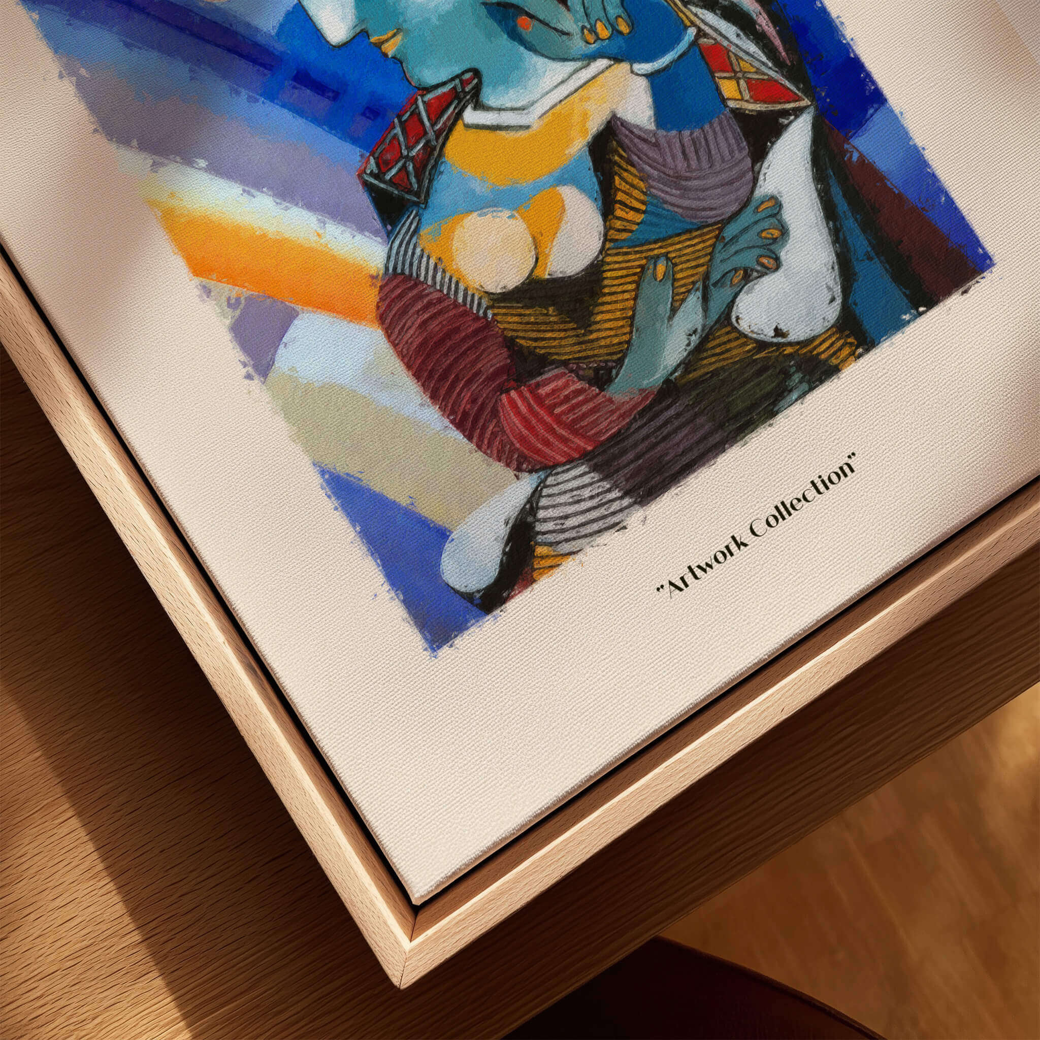 Picasso Woman Red Hat Blue Face Portrait Print Colorful Cubist Poster Artwork Collection displayed in a wooden frame.