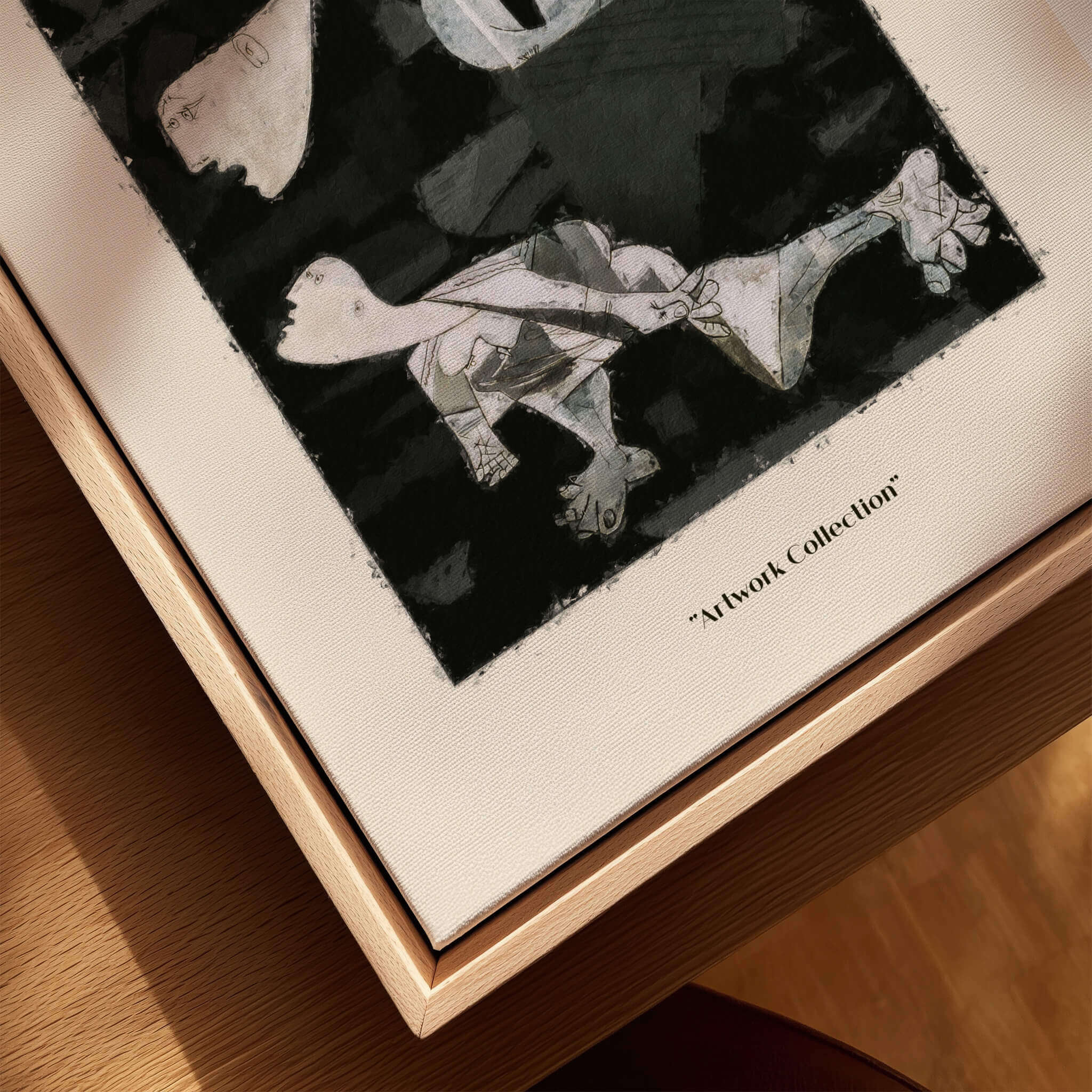 Picasso Guernica Inspired Falling Figures Art Print Abstract Black White Poster Collection displayed on a wooden frame.