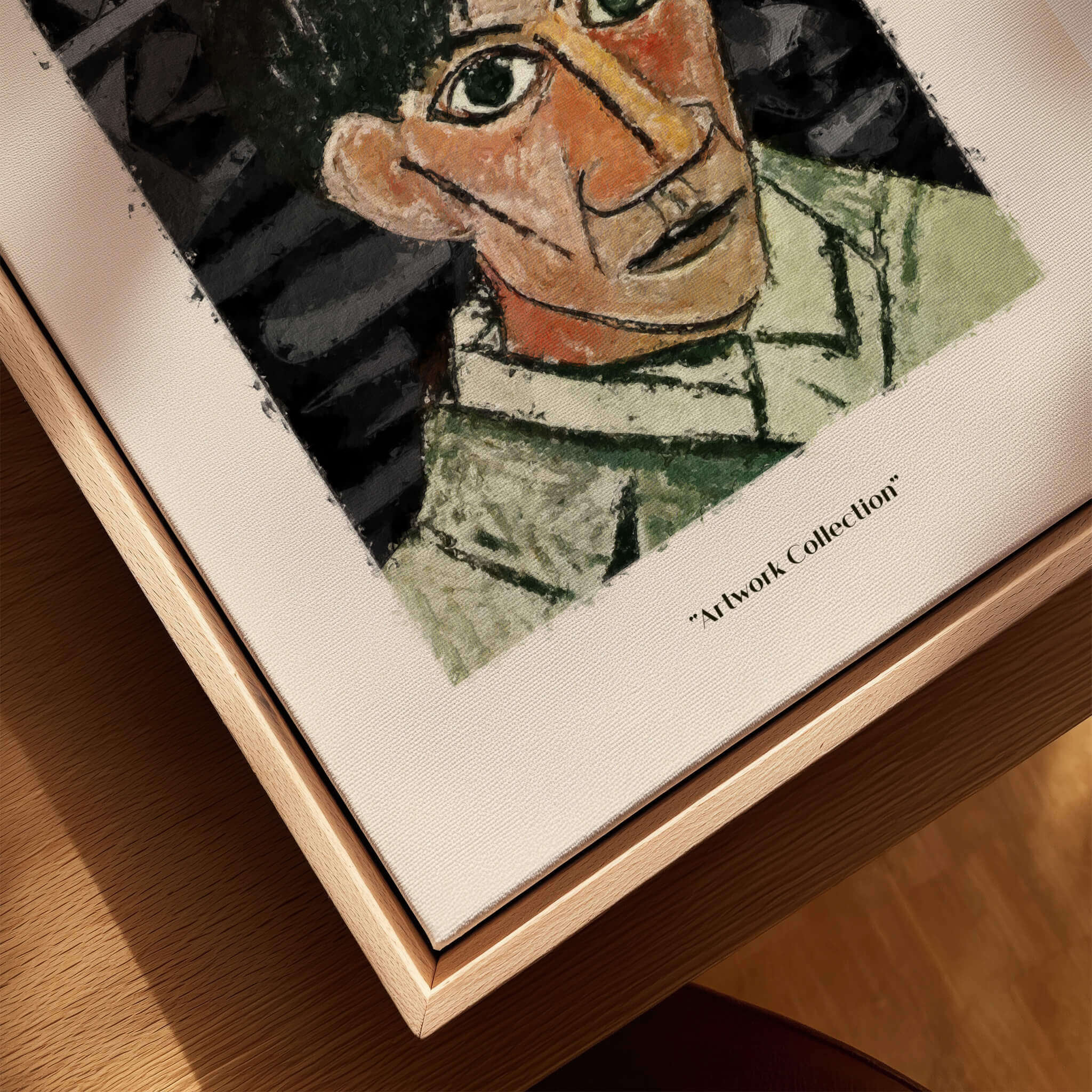 Picasso Man Portrait Cubist Style Art Print Modern Gallery Artwork Poster Wall Decor displayed in wooden frame.