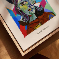 Picasso Woman Portrait Fragmented Abstract Poster Colorful Artwork Print Modern Gallery displayed on wooden table