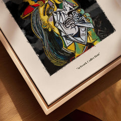 Picasso Weeping Woman Inspired Art Print Abstract Portrait Poster Artwork Collection displayed on a wooden frame.