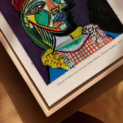 Picasso Woman Beret Checked Dress Marie Thérèse 1937 Art Print Cubist Portrait Poster detail on a table.