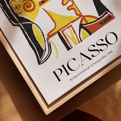 Picasso Stylized Portrait Jacqueline 1962 Abstract Art Print Yellow Red Poster shown in a framed design.