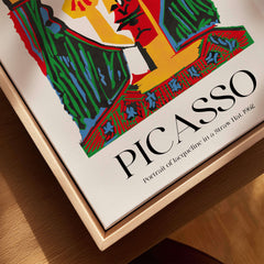 Picasso Portrait Jacqueline Straw Hat 1962 Colorful Abstract Art Print Modern Poster displayed in a wooden frame.