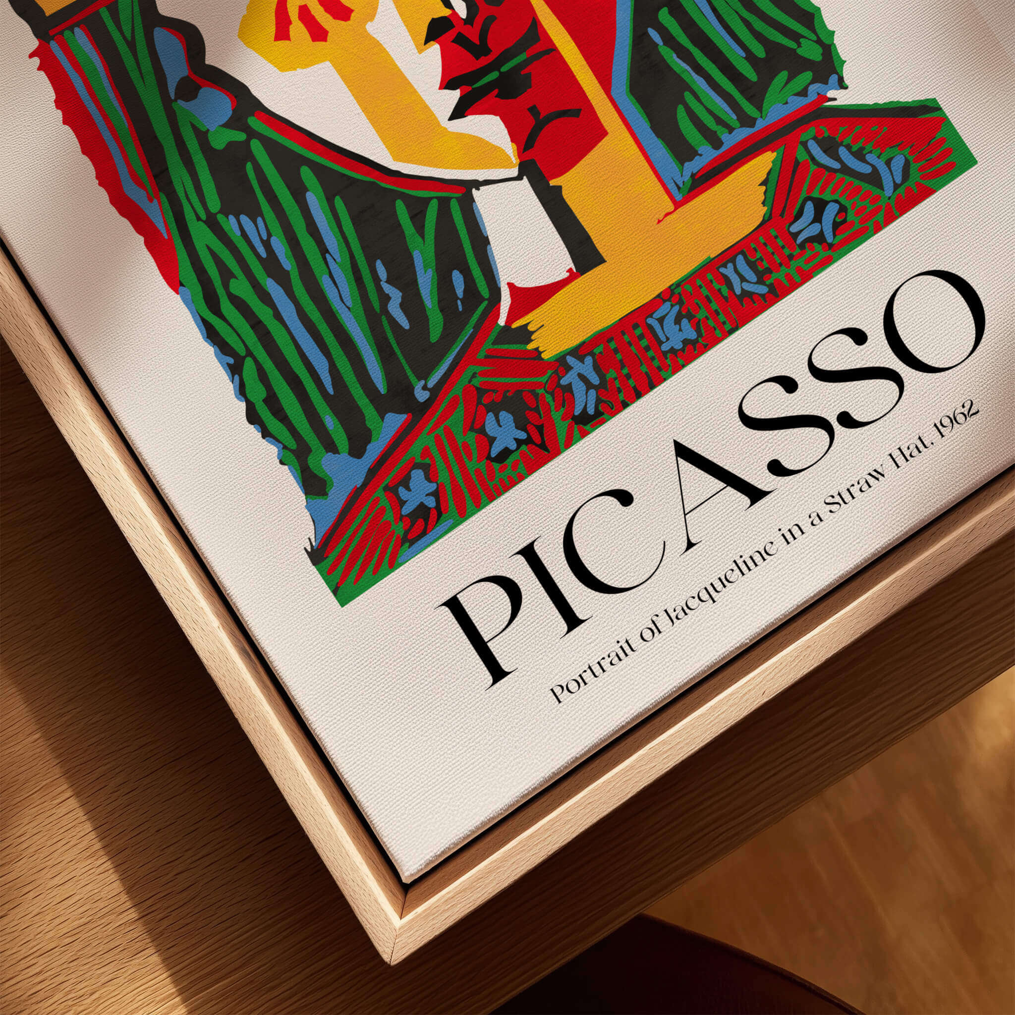 Picasso Portrait Jacqueline Straw Hat 1962 Colorful Abstract Art Print Modern Poster displayed in a wooden frame.