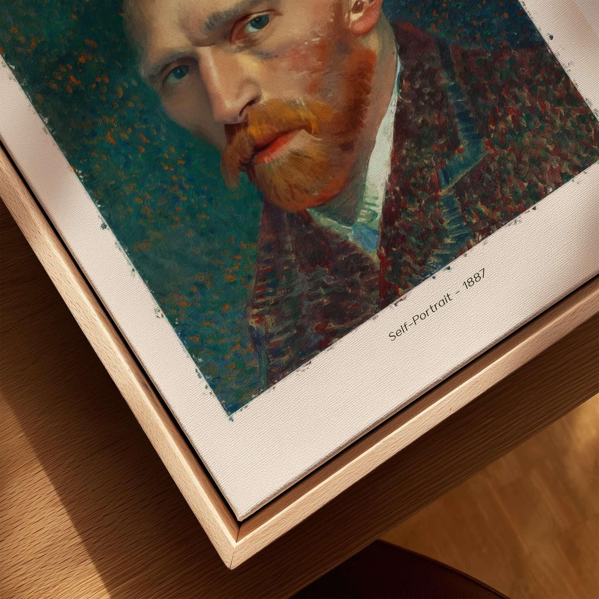Vincent van Gogh Self Portrait 1887 Post Impressionist Artist Poster Print Wall Art displayed in a wooden frame.