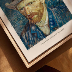 Vincent van Gogh Self Portrait Grey Felt Hat 1887 Art Print Post Impressionist Poster displayed in a wooden frame.