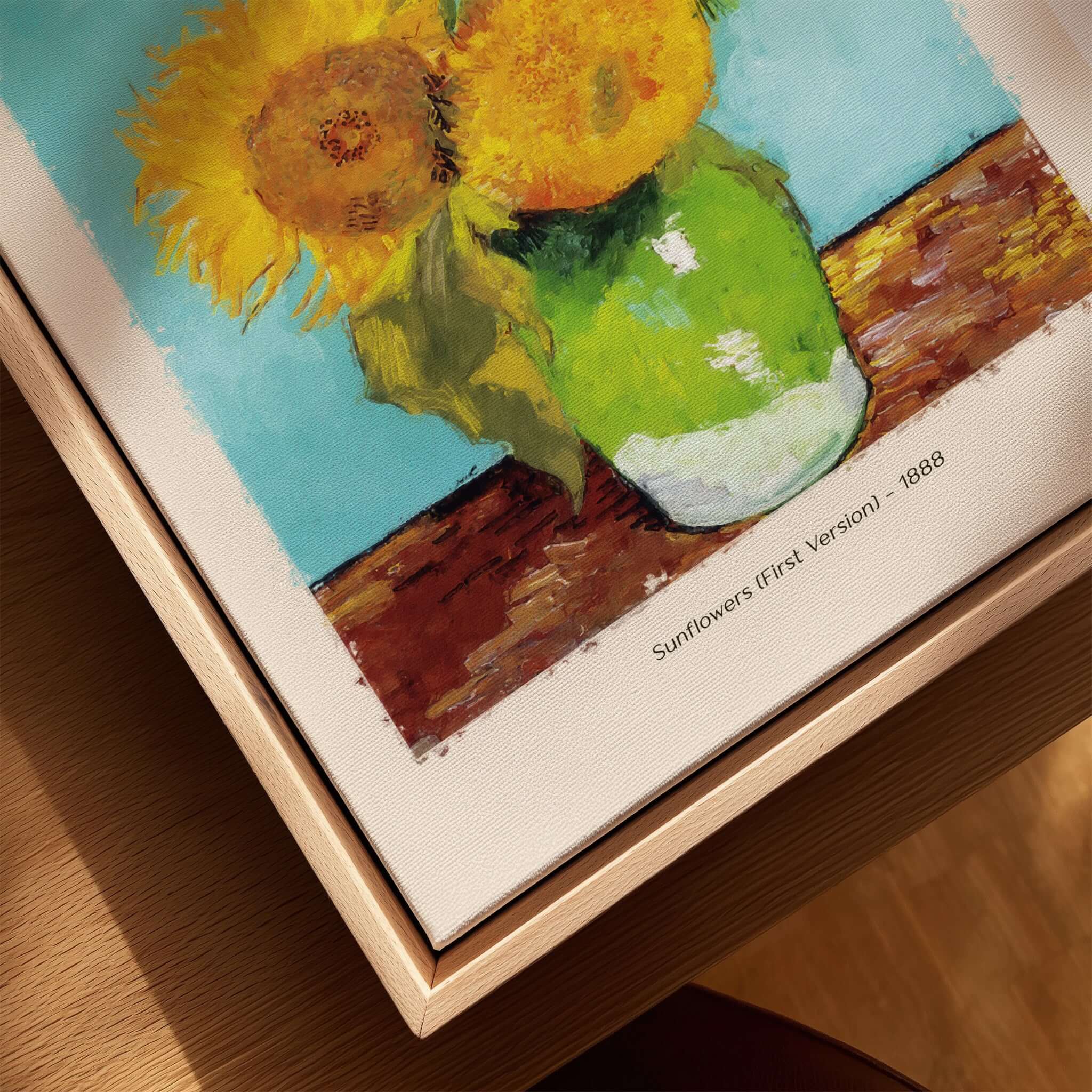 van Gogh Sunflowers Print - Sunflower Wall Art featuring vibrant yellow blooms in a green vase, 1888 version.