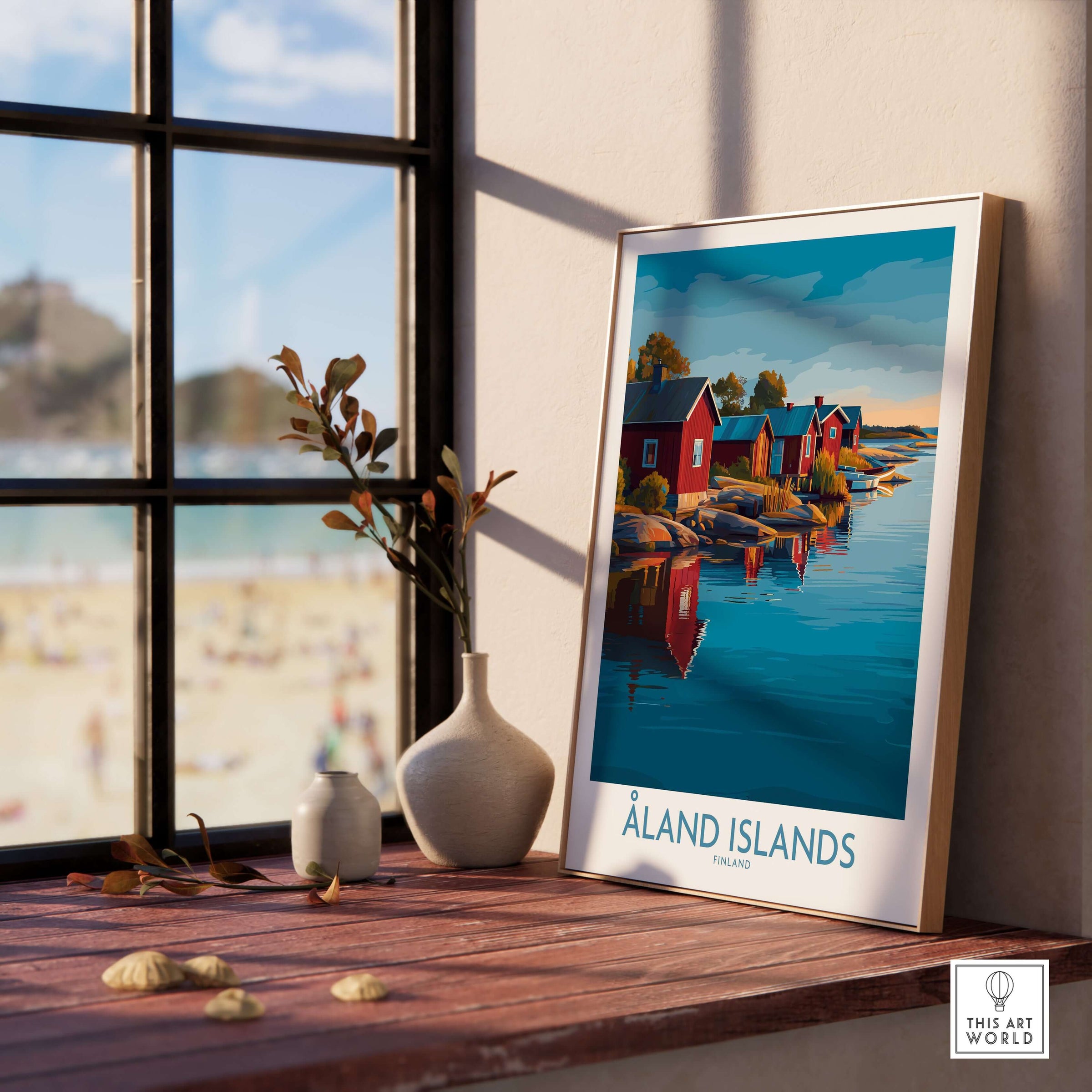 Åland Islands Art Print | Finland Archipelago Wall Decor Poster displayed on a windowsill with a beach view.