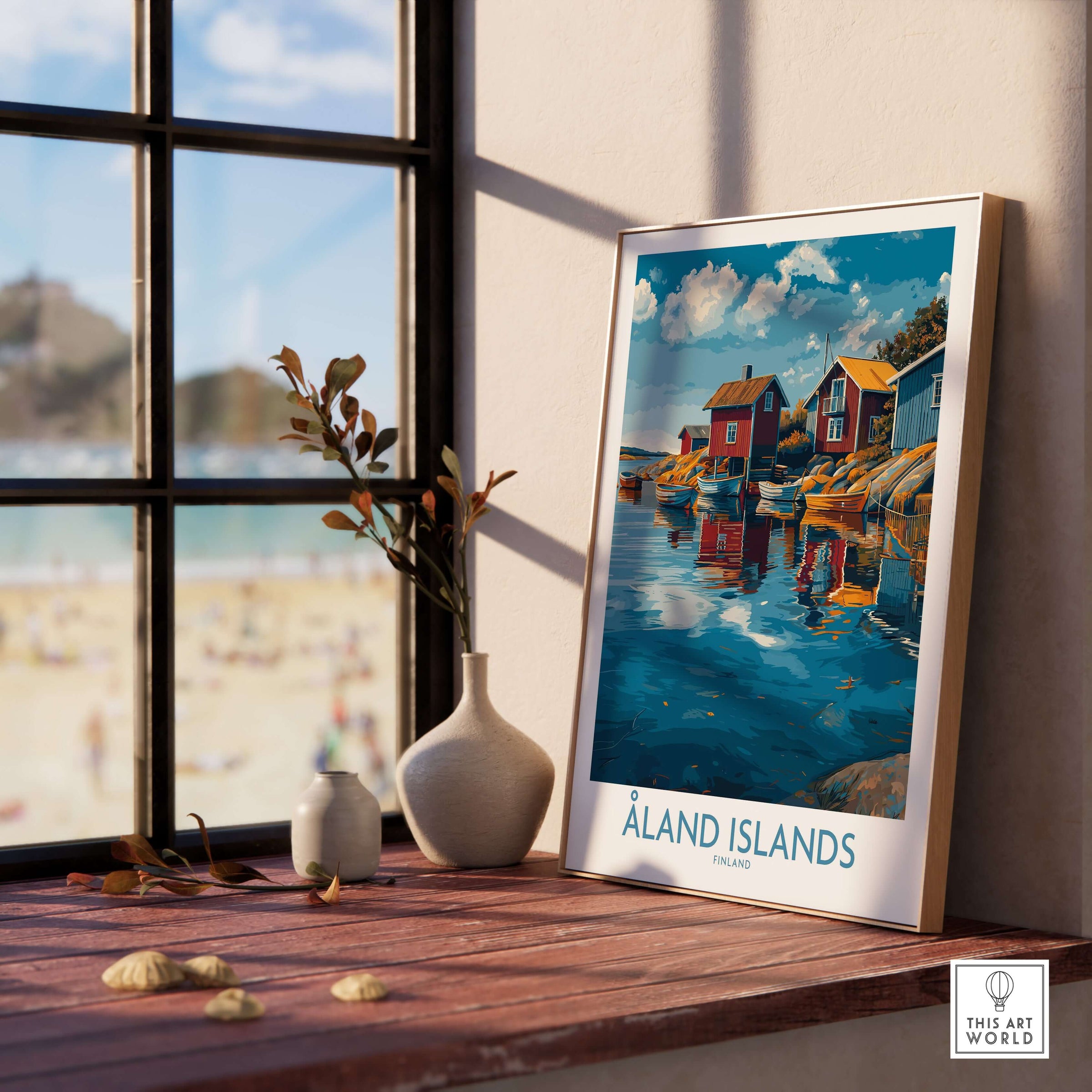 Åland Islands Finland Print | Nordic Coastal Village Poster displayed in a sunlit room next to decorative items.