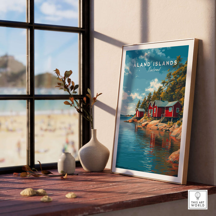 Åland Islands Picturesque Nordic Huts Print | Scandinavian Travel Wall Decor displayed near a window.