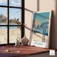 Alta Badia ski wall art display showcasing Italian Alps decor near a sunny window.
