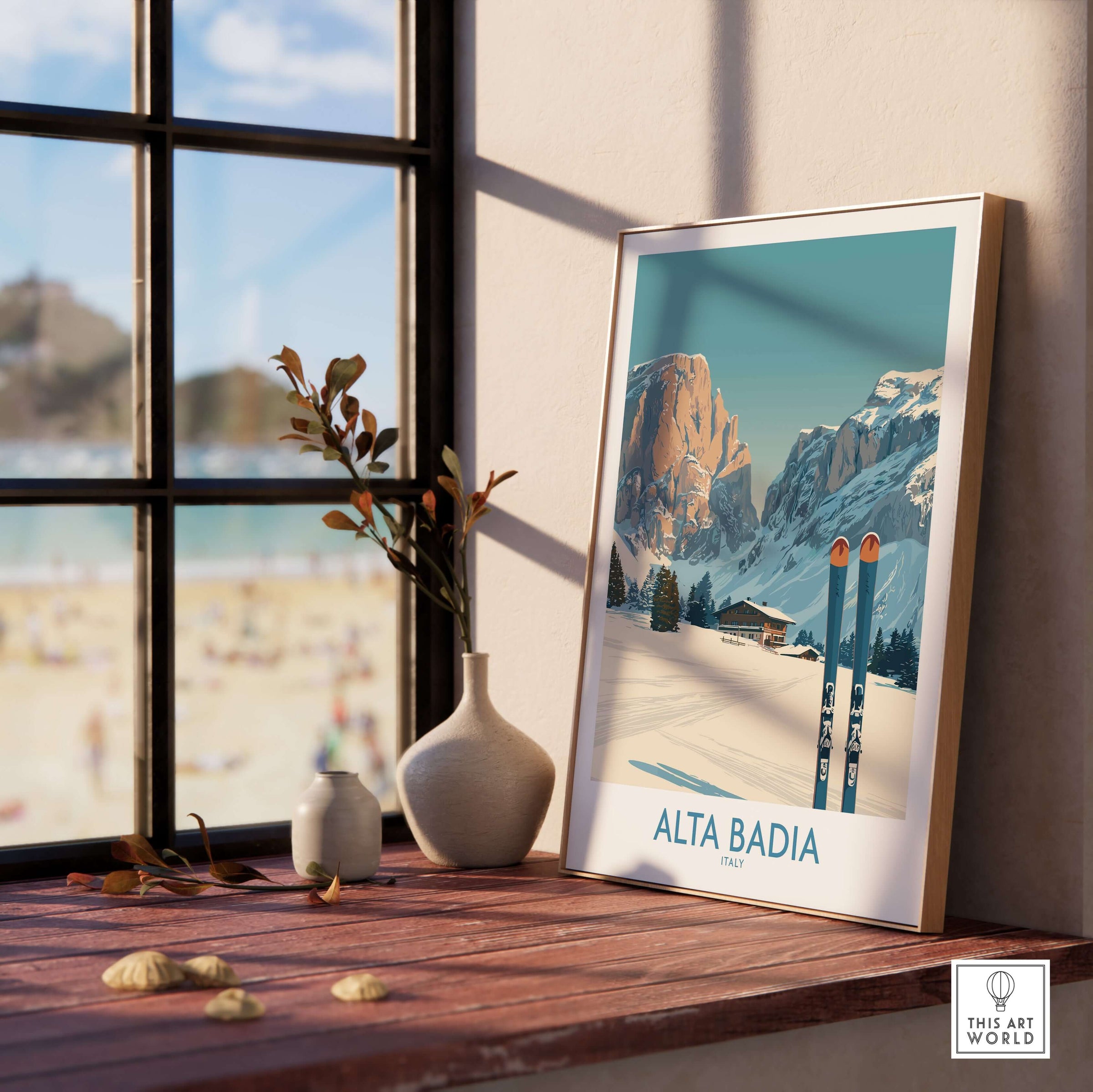 Alta Badia ski wall art display showcasing Italian Alps decor near a sunny window.