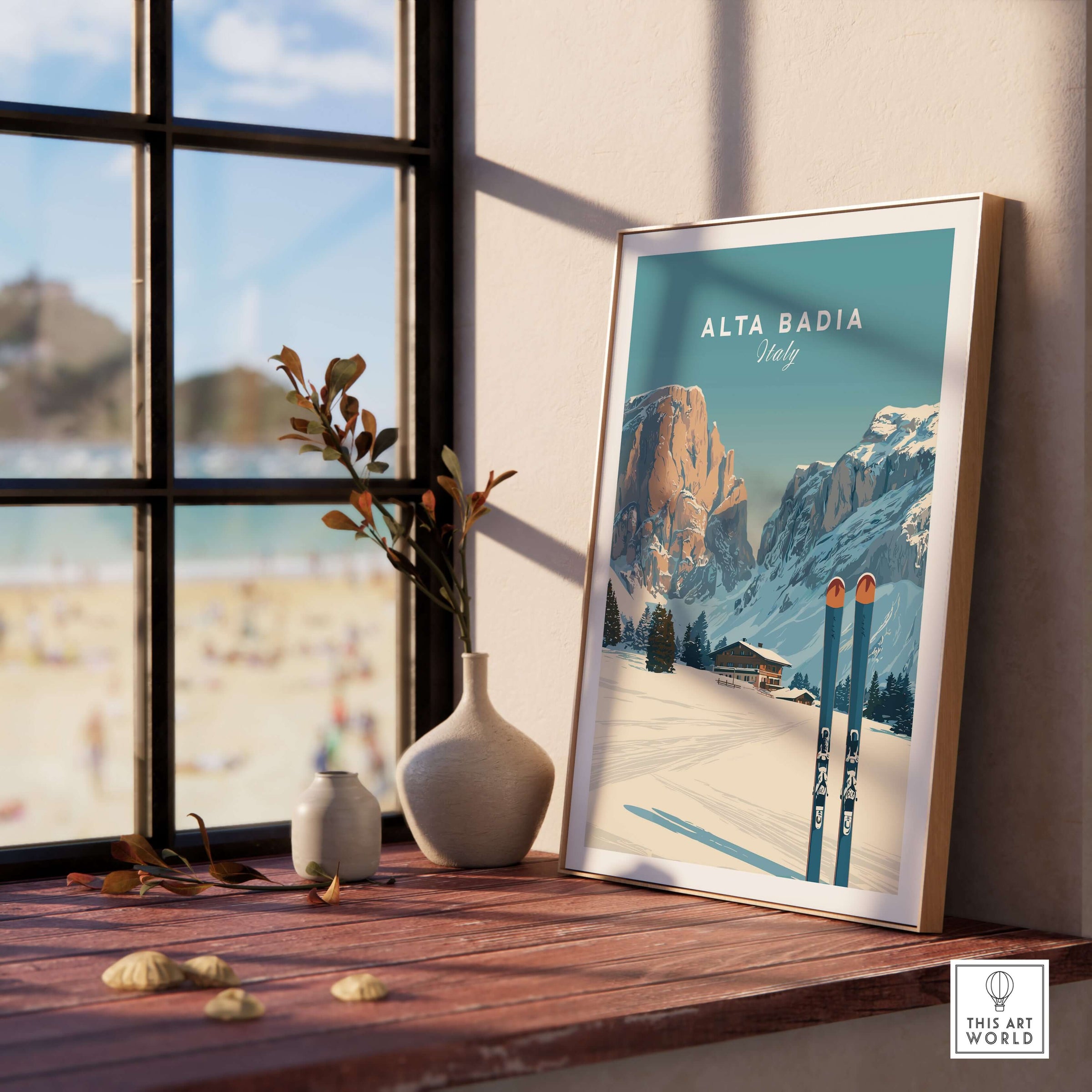 Framed Alta Badia Italy ski resort print showcasing the Dolomites, perfect for ski lovers and home decor.
