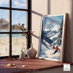 Alta Utah ski poster showcasing powder snow mountains and a skier, ideal wall art for winter sports enthusiasts.